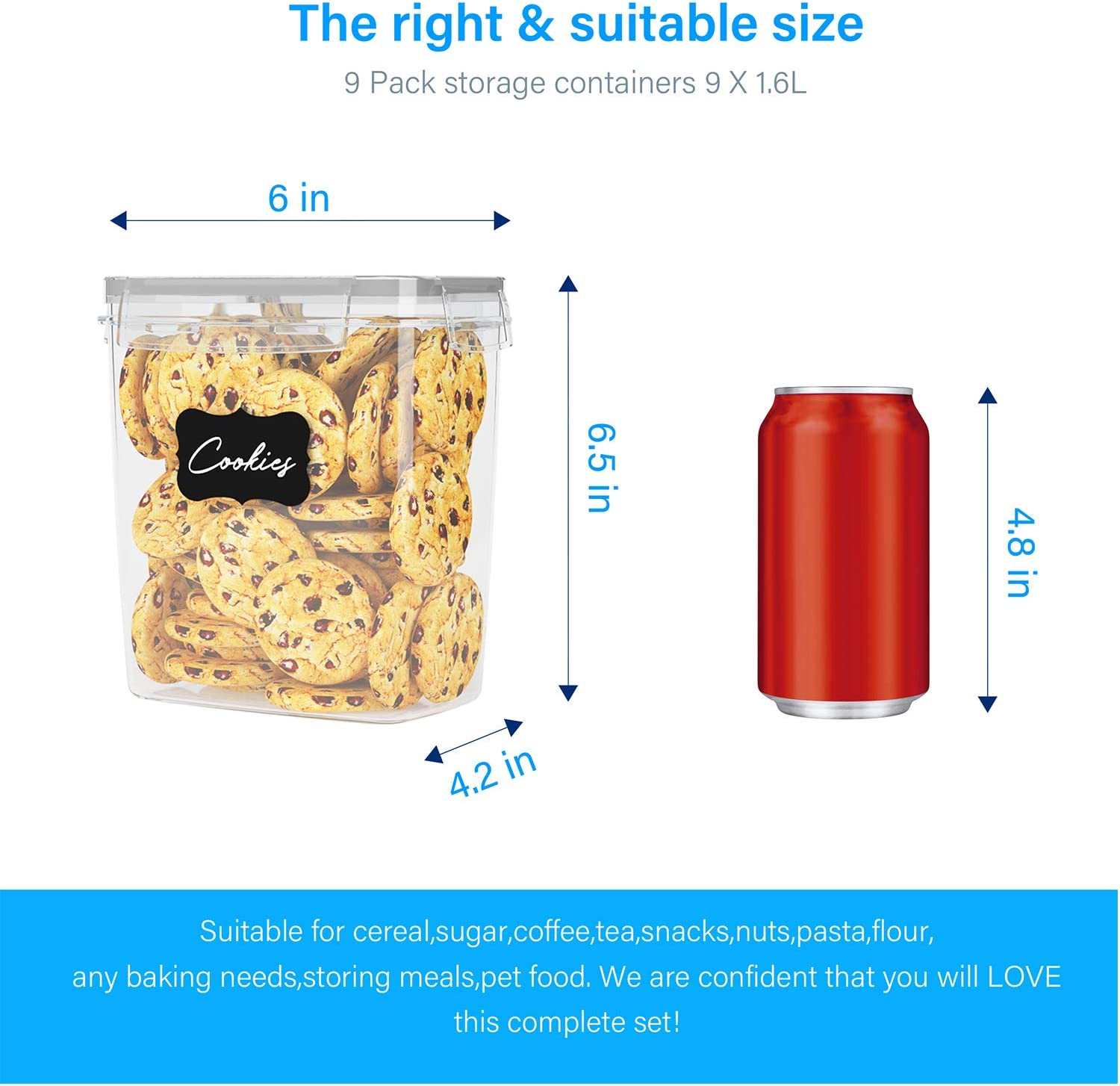 Airtight Food Storage Containers 9 Pieces 1.5Qt / 1.6L- Plastic PBA Free Kitchen Pantry Storage Containers for Sugar, Flour and Baking Supplies - Dishwasher Safe image number 4