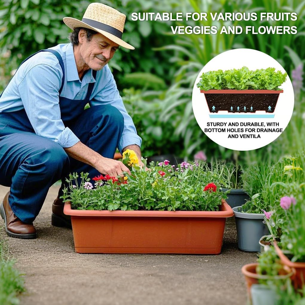 Springup Window Boxes Planters 6PCS Red Plastic Vegetable Flower Plots Boxes 43X13.5CM Large Rectangular Herb Planters with Tray Saucers for Indoor Outdoor Garden Patio Home Decor