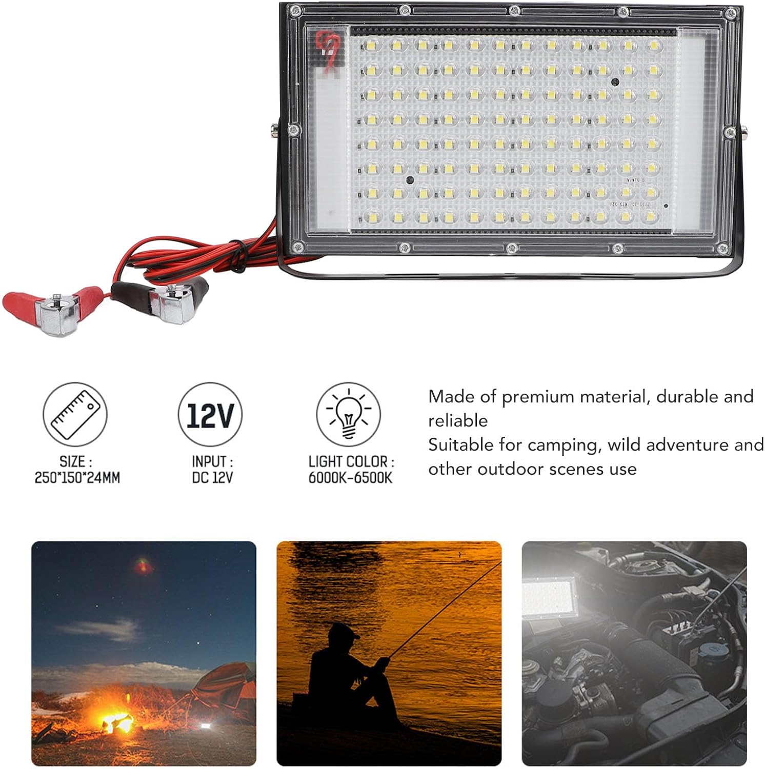 Flood Lights Outdoor, 100W LED Floodlight Outdoor Lights Work Lights Portable Outdoor Security Lights with Battery Alligator Clip for Fishing Hiking Car Repairing Emergency DC 12V image number 5