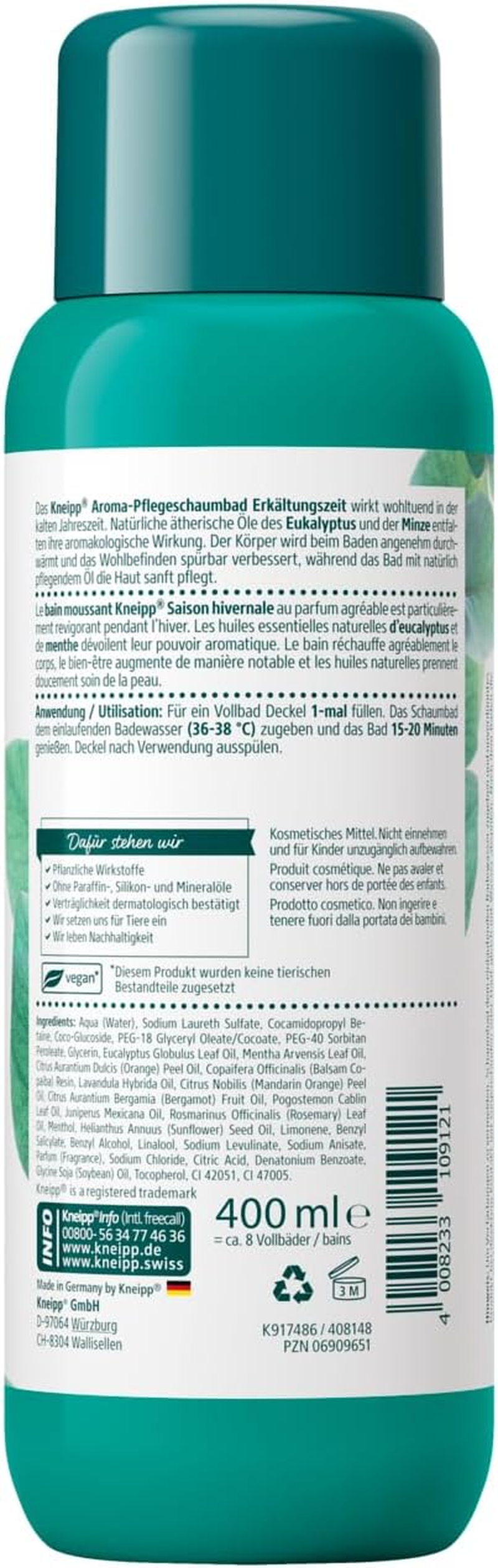 Kneipp Aroma Care Foam Bath Cold Time - Bath Additive with Natural Essential Oils Made of Eucalyptus & Mint - Gentle Skin Care - Aromatic Effect for Better Well-Being - 400 Ml image number 5