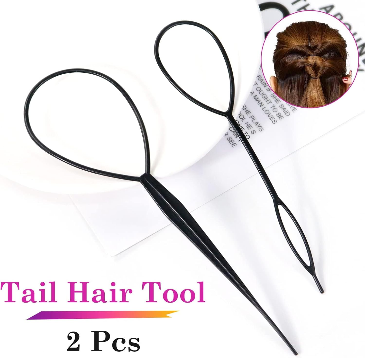 Sularpek Tail Hair Tool, 2 Pcs Durable Hair Looping Tool, Tail French Braid Loop Tool, Fashion Hair Braiding Tool for Making Women and Girls Hair Style (Black)