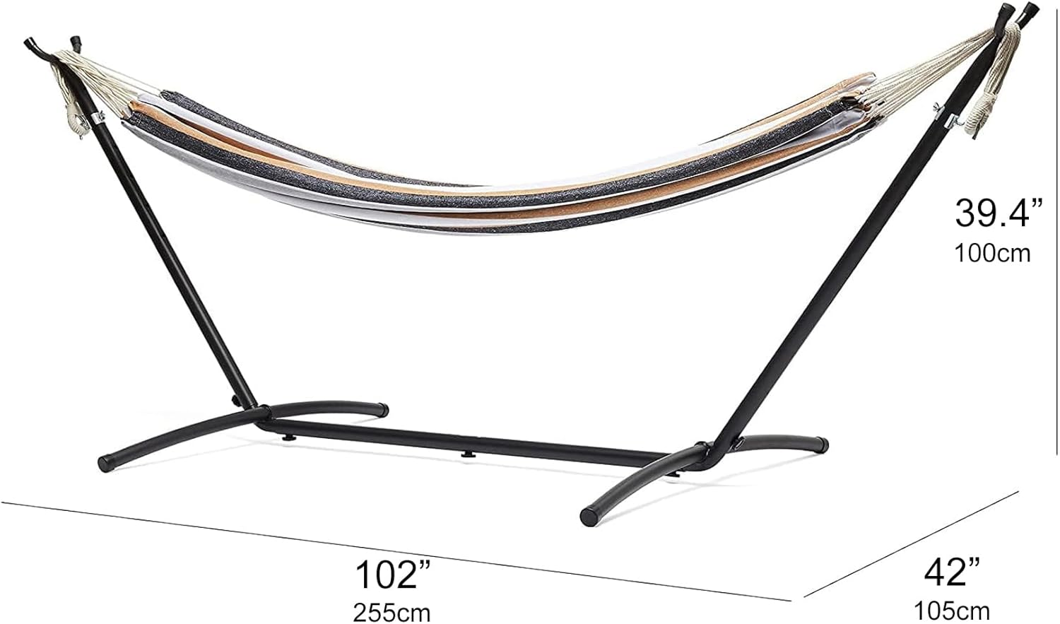 Double Hammock with Space Saving Steel Stand, 2 Person Outdoor Standing Hammocks with Portable Carrying Bag, 250Kg Capacity Coffee 260 * 107 * 109Cm image number 3