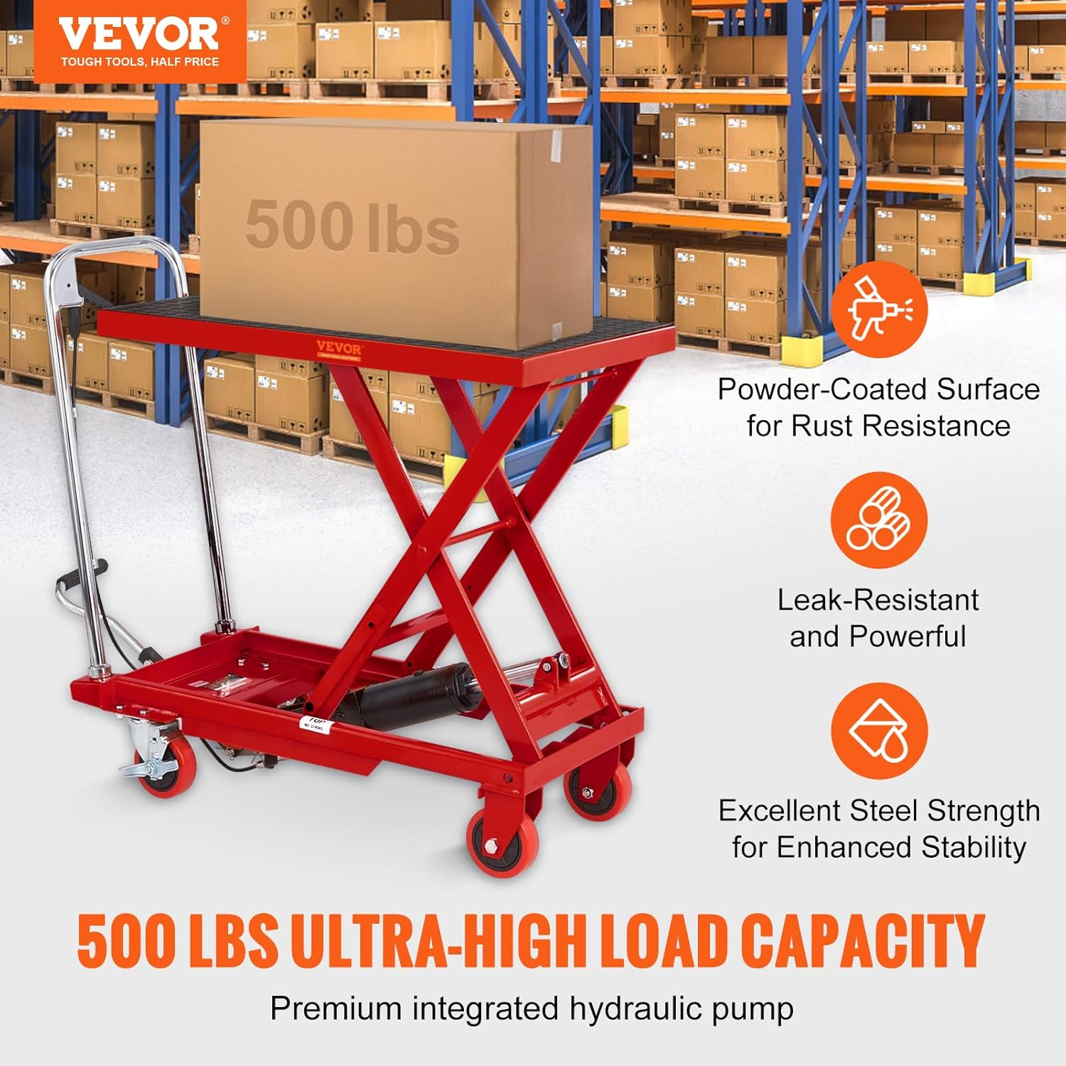 VEVOR Hydraulic Lift Table Cart, 500Lbs Capacity 28.5" Lifting Height, Manual Single Scissor Lift Table with 4 Wheels and Non-Slip Pad, Hydraulic Scissor Cart for Material Handling, Red