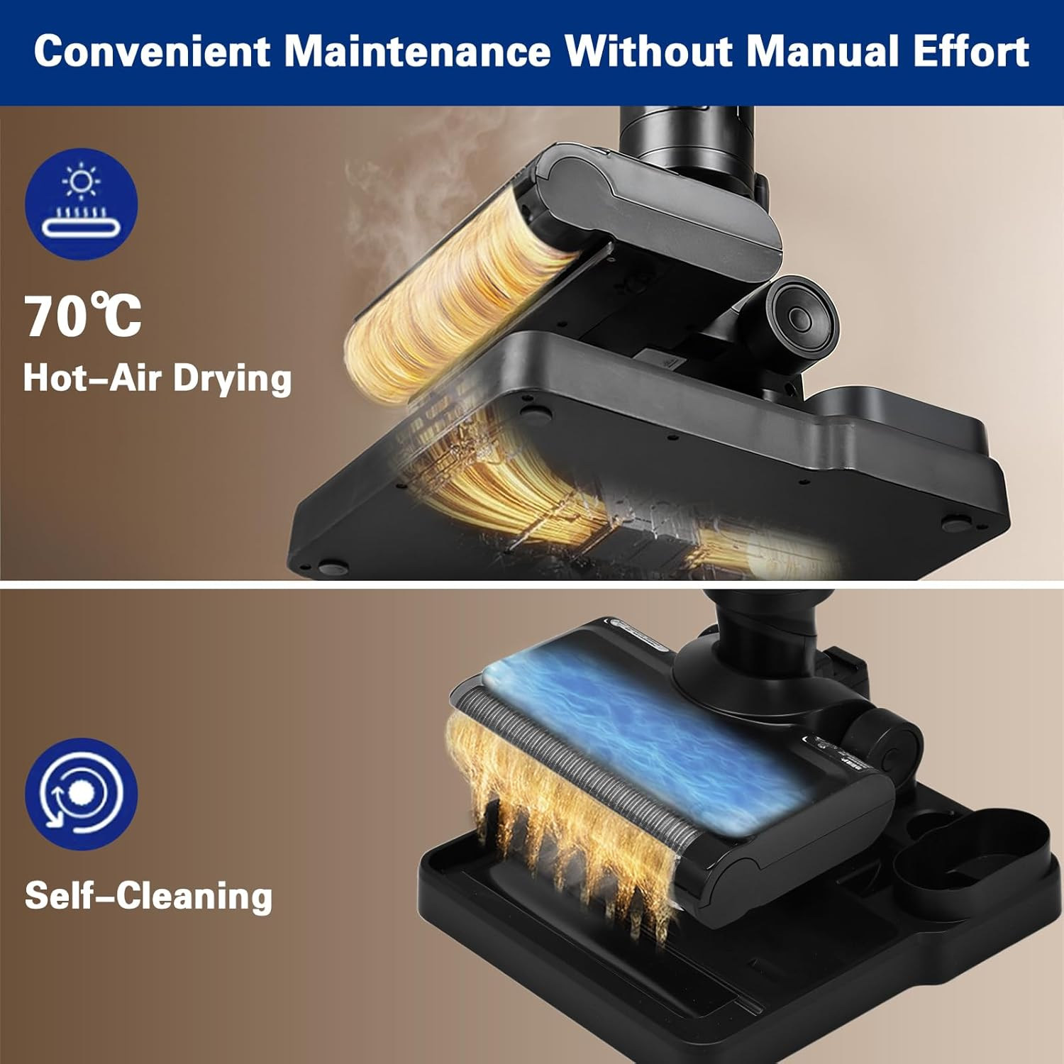 ADVWIN Wet Dry Vacuum Cleaner, 180&deg; Lie-Flat Cordless Smart Vacuum Mop with 70℃ Hot-Air Drying, Self-Cleaning for Hard Floor Sticky Messes and Pet Hair, Lightweight Handheld Vacuum with 2 Batteries image number 6