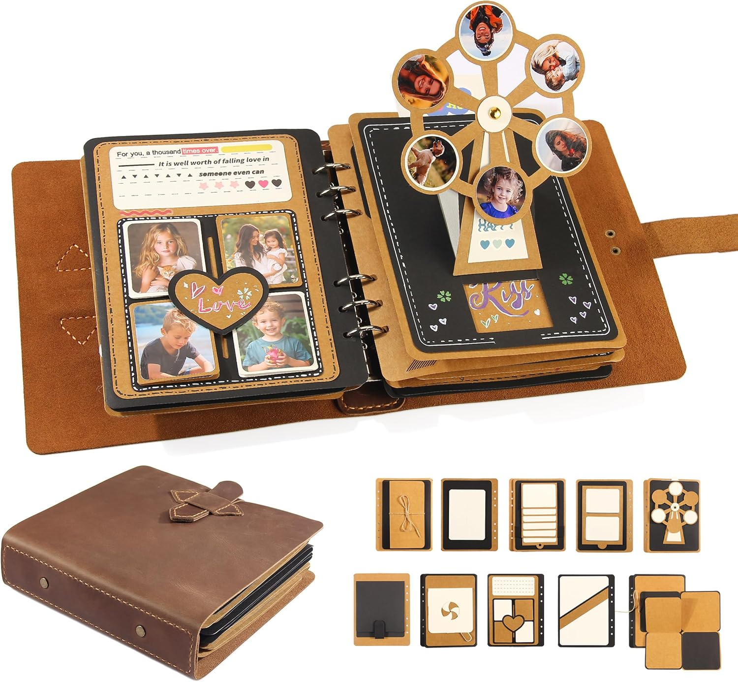 Handmade Genuine Leather Scrapbook Photo Album &ndash; DIY 3D Interactive Memory Book for Wedding, Baby, Family Photos (Travel, Anniversary, Birthday Gift)- Green