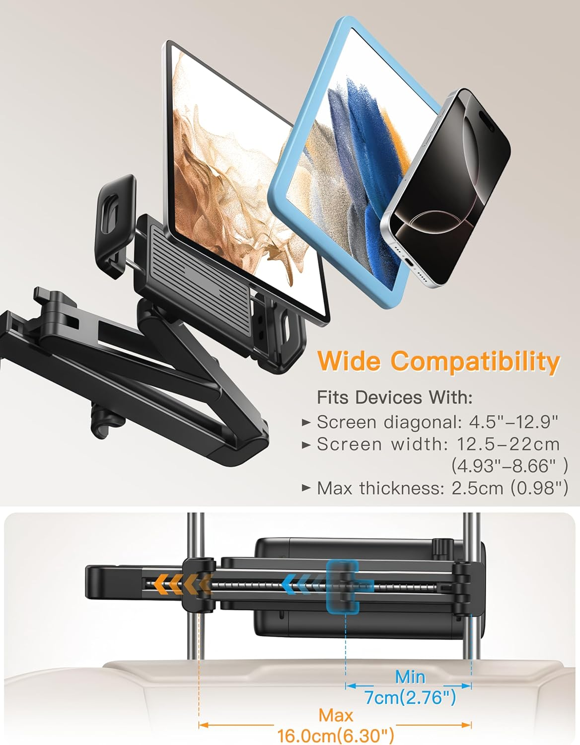 Stretchable Car Headrest Tablet Mount - Tablet Holder for Car, 360&deg;Rotating Adjustable, Road Trip Essentials Kids Family, for Ipad Pro, Air, Mini, Galaxy, Fire, More 4.5-12.9" Devices image number 3