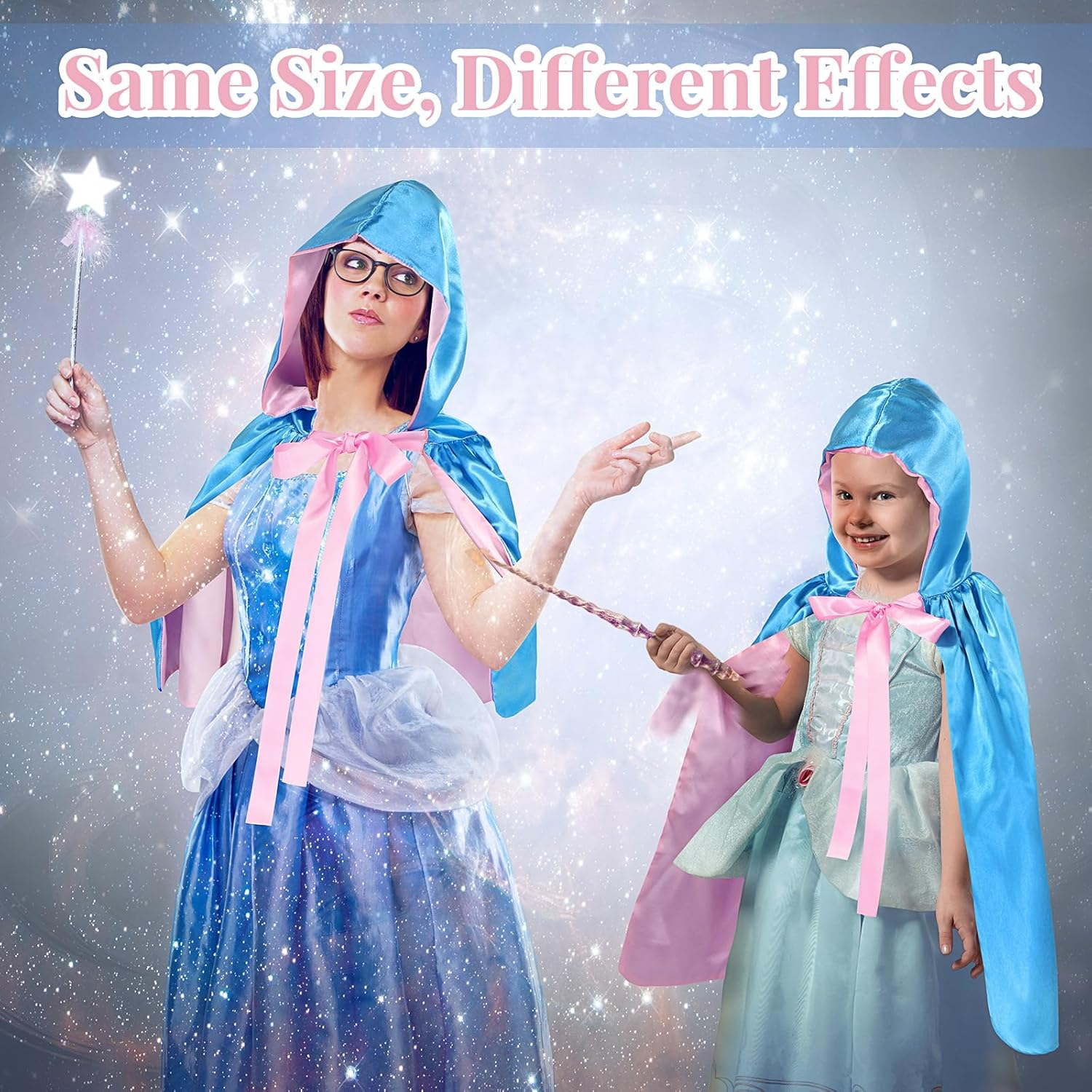 Haysandy Blue Fairy Hooded Cloak Costume, Polyester Cape Cosplay Cloak Princess Costume with Pink Ribbon for Women Girls image number 1