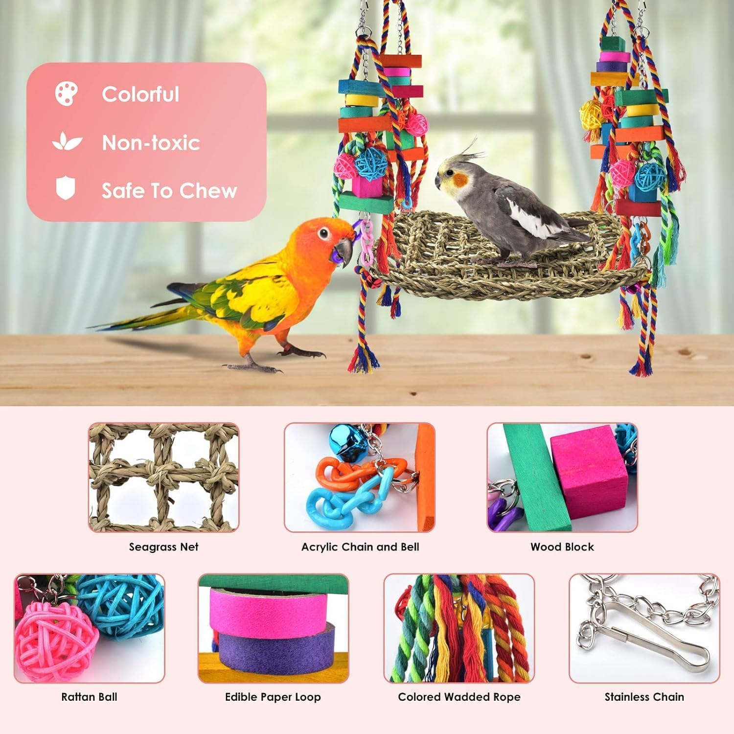 Bird Toys, Bird Foraging Wall Toy Large Size Seagrass Woven Climbing Hammock Swing Mat with Colorful Chewing Toys for Lovebird, Parakeet, Budgie, Conure, Cockatiel, Small Birds image number 3