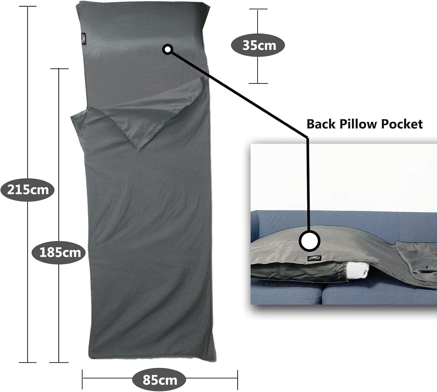 Frelaxy Sleeping Bag Liner, XL Travel Sheet & Camping Sheet for Backpacking, Hotel, Hostels & Traveling, Comfy & Easy Care, Full-Length Zipper/No Zipper - Dark Gray - No Zipper image number 3