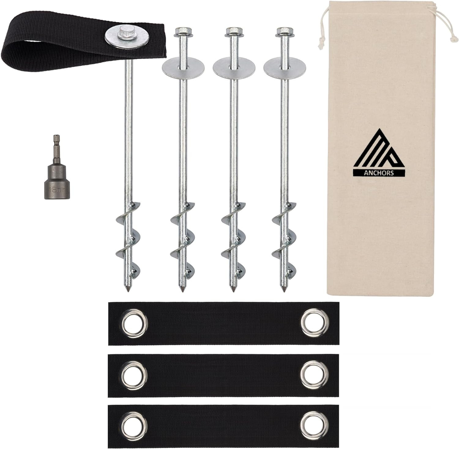 Trampoline Anchors High Wind Heavy Duty 12" Set of 4/6/8 with Straps, Drill Bit - Trampoline Anchor Kit - Trampoline Stakes Anchors High Wind - Ground Anchors - Trampoline Wind Stakes - Ground Stakes