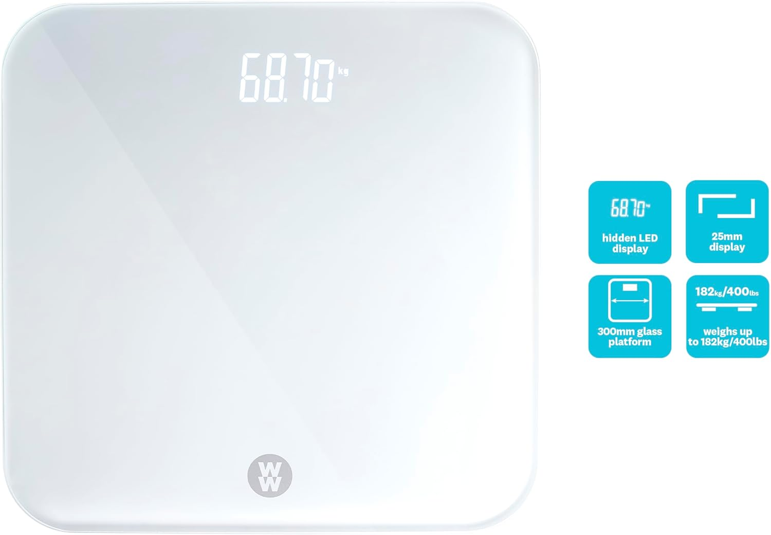 WW Style Body Weight Scale &ndash; Digital Bathroom Scale with Hidden LED Display, 30X30Cm Tempered Glass Platform, Sheer White Finish image number 2