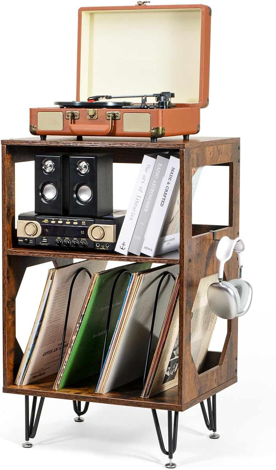 Vinyl Record Stand, 2 Tier Record Player Stand with Vinyl Storage, Rustic Record Player Cabinet for up to 160 Albums, Vinyl Record Storage with Metal Legs for Music Room Living Room - Rustic Brown image number 6