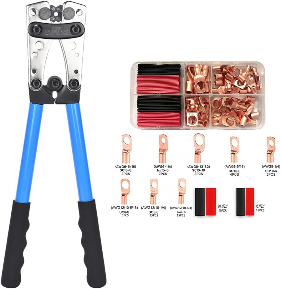 Battery Cable Crimping Tool 10-1 AWG with 8 Sizes 50Pcs Copper Ring Terminals Battery Terminal Crimper Set for Heavy Duty Wire Lugs, Battery Cable Lug Crimping Tool image number 5