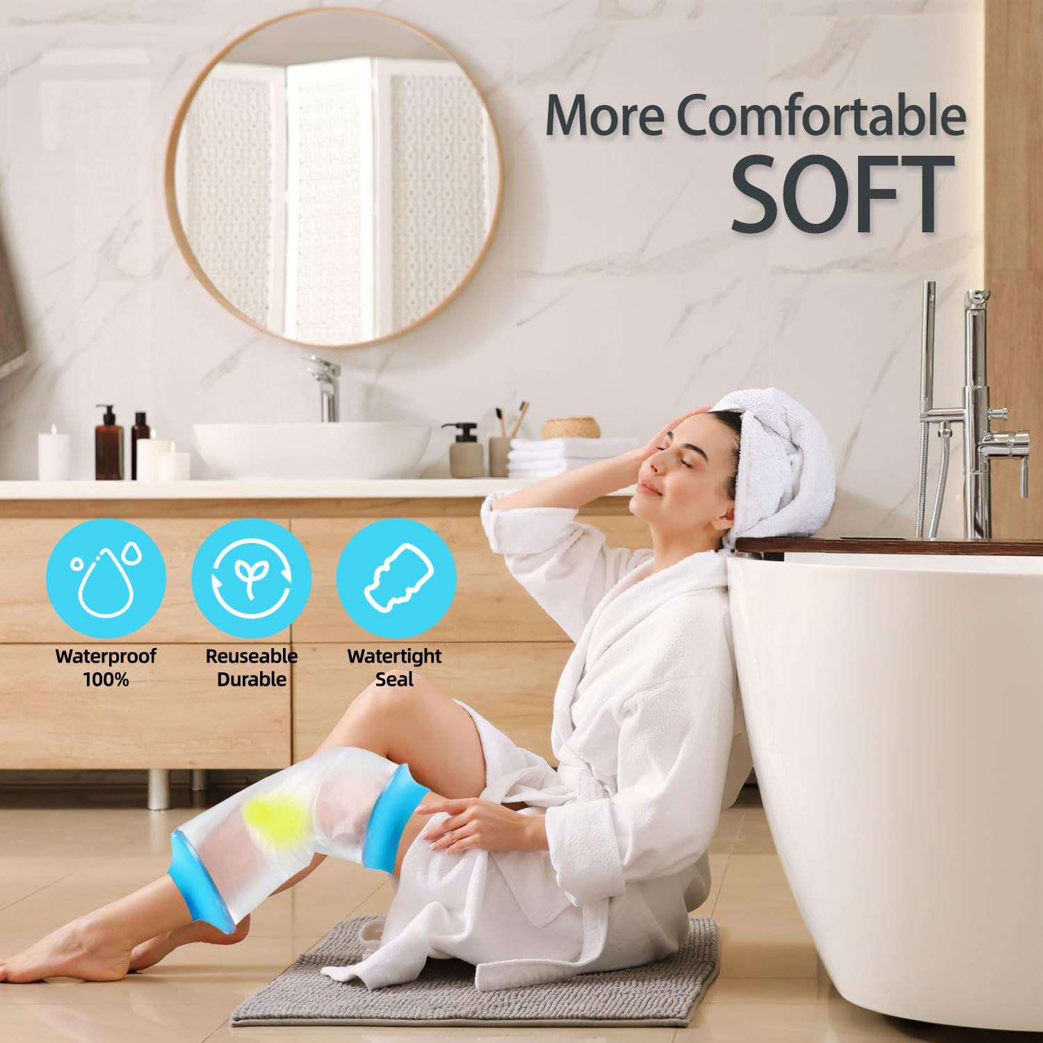 Waterproof Knee Cast Cover for Shower, Watertight Cast Bag, Reusable, Shower Protector for Knee Replacement Surgery, Wound, Burns (M)