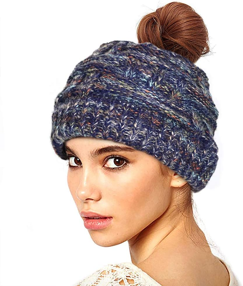 Taidor Messy Bun Ponytail Beanie Hat Colored Dots Cable Knit Cap for Women Girls Winter - Black image number 6