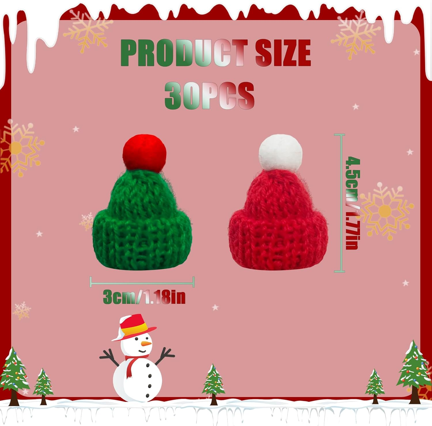NILLOS Small Santa Hats, 30 PCS Mini Knit Doll Hats for Crafts, Party Decorations (3 Colors)
