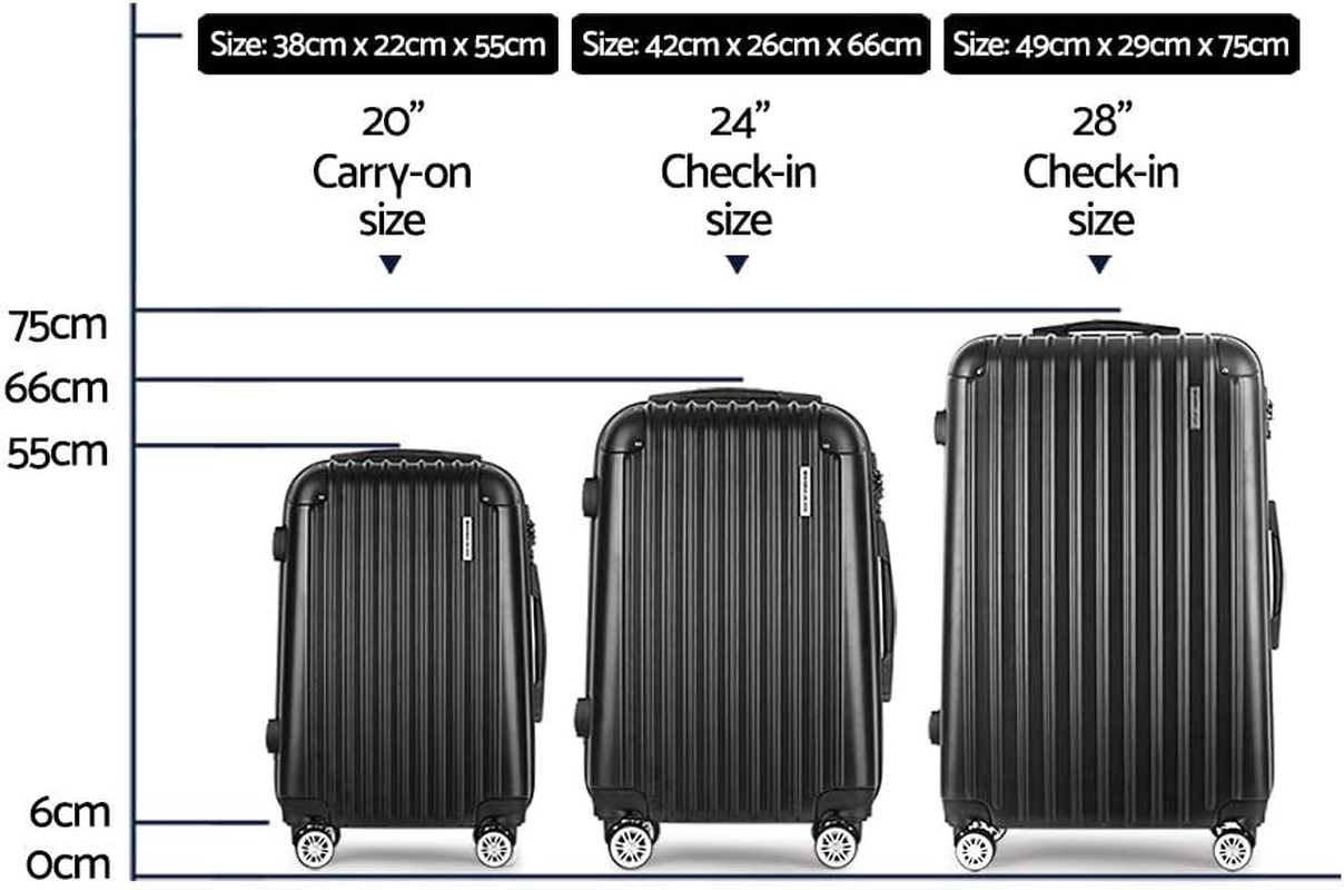 Wanderlite Luggage Set 3Pcs Black Suitcase Hand Luggages Travel ABS Hard Case Hardside Shell, Lightweight Trolley Carry on Bag, TSA Lock 6Pcs Storage Organisers image number 3