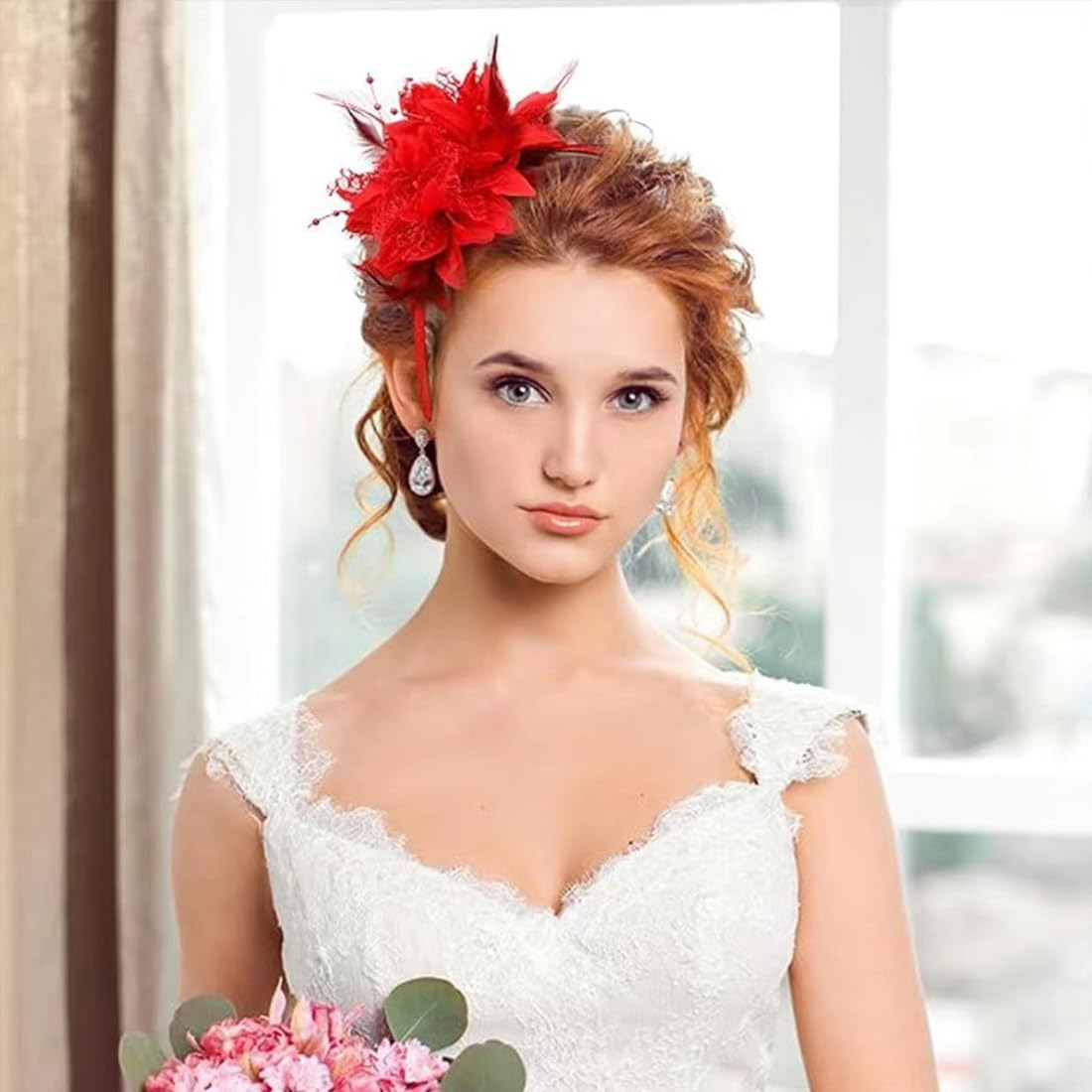 Pack of 2 Feather Headband with Artificial Flowers, Retro Hair Band Fascinator for Carnival Cocktail Wedding Tea Party Accessories image number 1