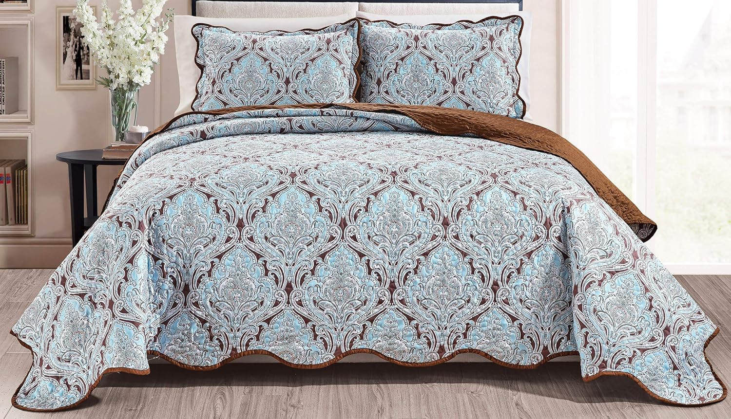 Grandlinen 3-Piece Fine Printed Oversize (100" X 95") Quilt Set Reversible Bedspread Coverlet Queen Size Bed Cover (Grey, Teal Blue, Medallion)