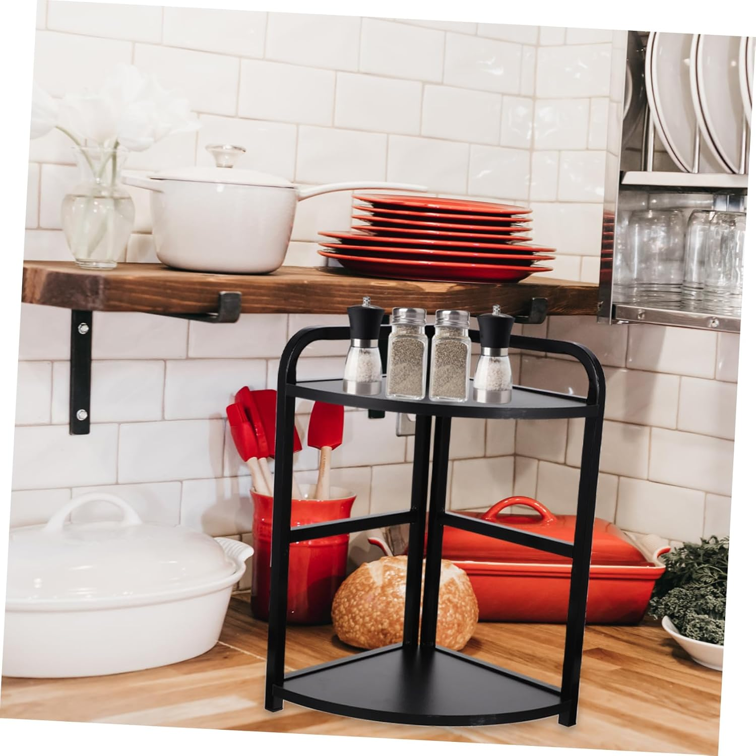 Double Layers Corner Spice Rack 25X25X43Cm Black Willow Wood with Metal Frame Kitchen Storage Shelf for Home Kitchen Seasoning Organization image number 1