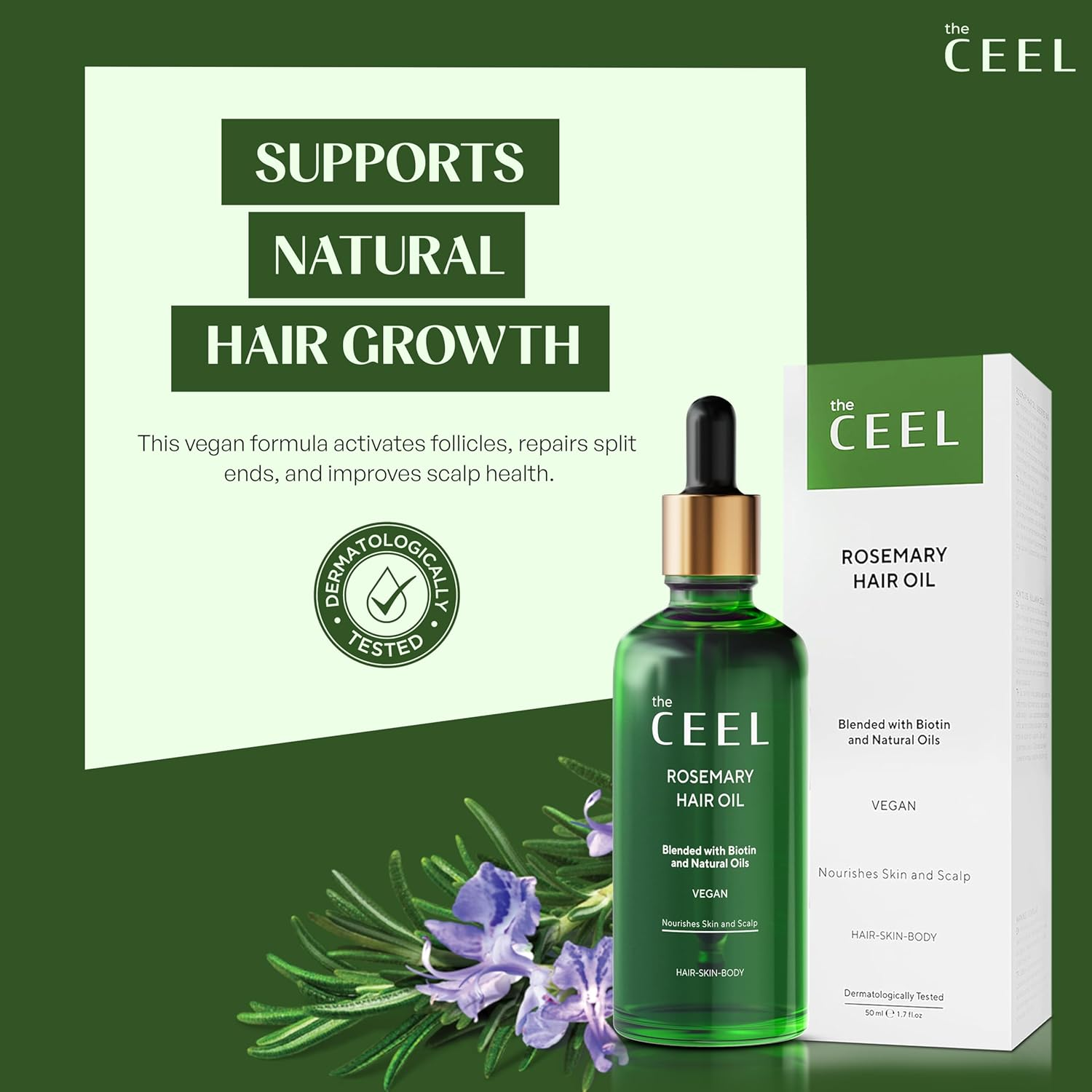 The Ceel Rosemary Hair Growth Oil with Dropper - Nourishing & Strengthening Vegan Formula for Damaged Hair, Itchy Scalp, Dry Skin, Eyelashes & Eyebrows - Biotin, Castor & Jojoba - 50 ML image number 6
