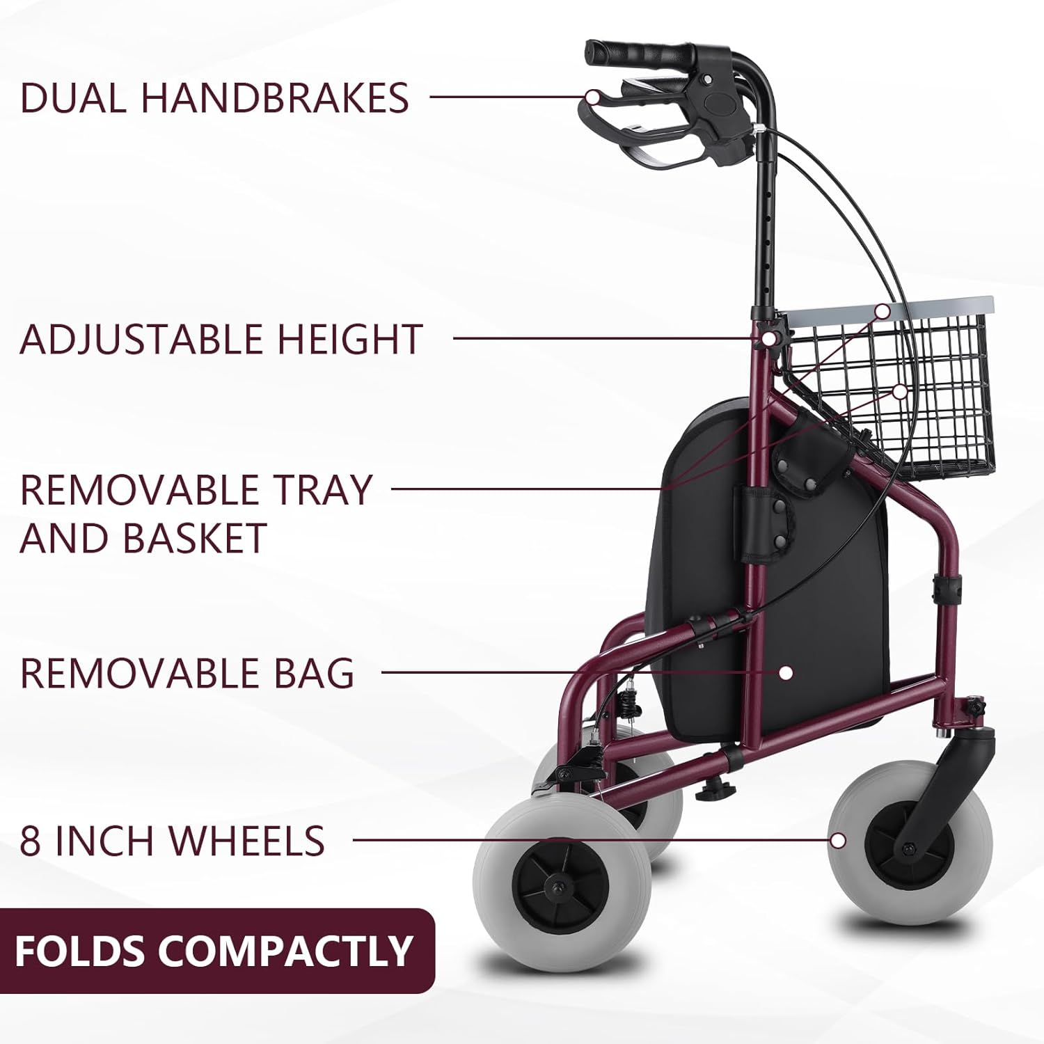 Altus Rolling Walker Mobility Aid Rollator with Bag Wire Basket and Tray Burgundy Red (3 Wheels Red) image number 2