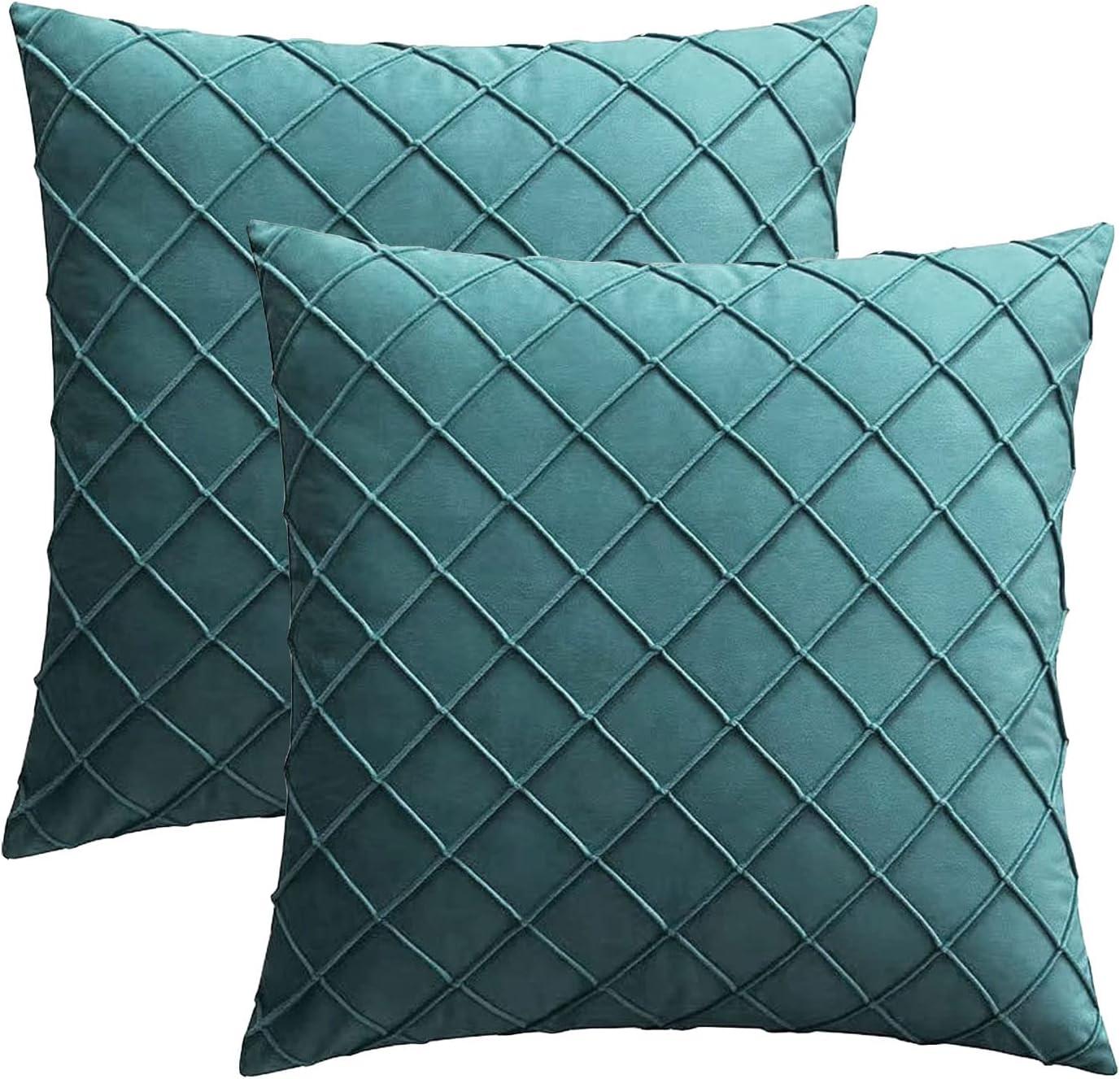 Set of 2 Luxton Pleated Velvet Cushion Covers Teal Green Home Decor Checked Pattern Cushion Covers for Lounge Sofa Couch Bedding Decoration (43X43Cm, Teal Green)