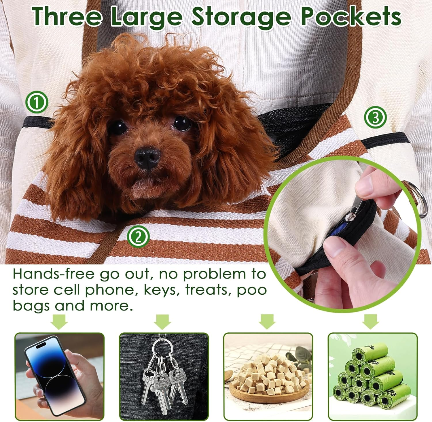 NATUYA Dog Sling Puppy Carrier for Small Dogs with Openable Front Breathable Mesh, Hands Free Pet Sling Travel Bag Adjustable Padded Strap Pockets Large Space (Khaki, 3-11 Lb) image number 5