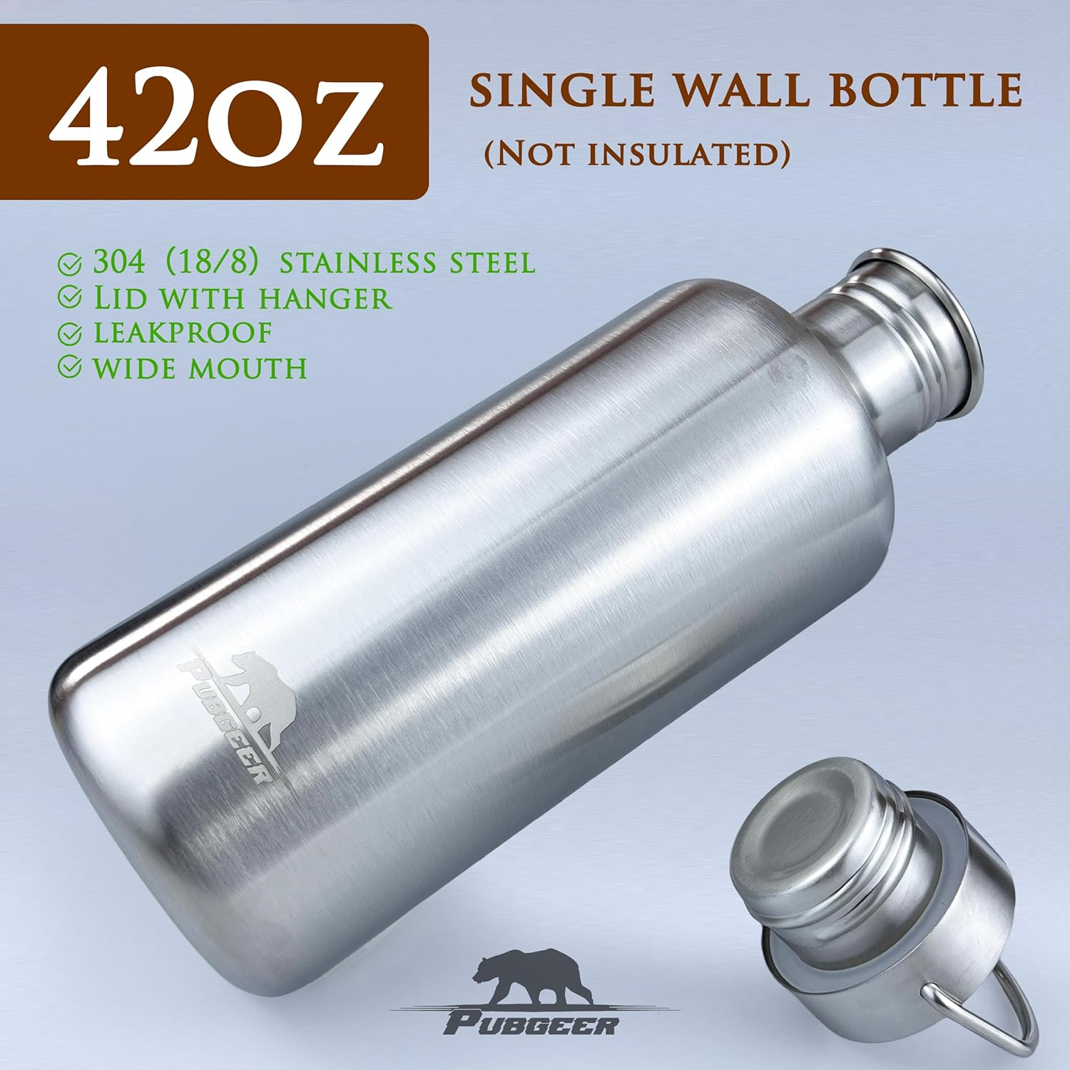 Pubgeer Canteen 42Oz Single Wall Water Bottle with 24Oz Nested Camping Cup and Carrier Bag, Stainless Steel, Bushcraft Gear, Wide Mouth Water Bottle, Survival Gear, Water Boiler, Self Reliance image number 4
