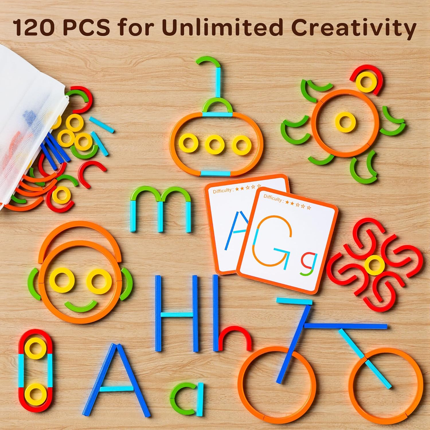 Montessori Smart Sticks and Rings Set with Challenge Cards, 120PCS Creative STEM Kit with Wooden Pattern Blocks for Kids, Preschool Learning Activities and Classroom Use image number 1