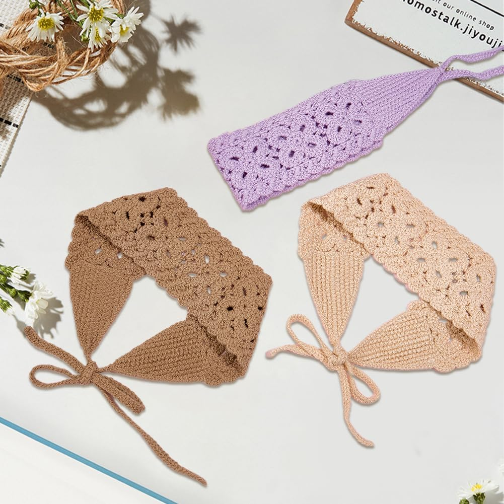 CABODYALS Pack of 3 3 Colours Bandana Headbands Purple Beige Khaki Crochet Boho Hair Scarf Head Wrap Vintage Lace Hollow Polyester Headscarves for Women Bridal Wedding Party Styling Dress Accessories image number 2