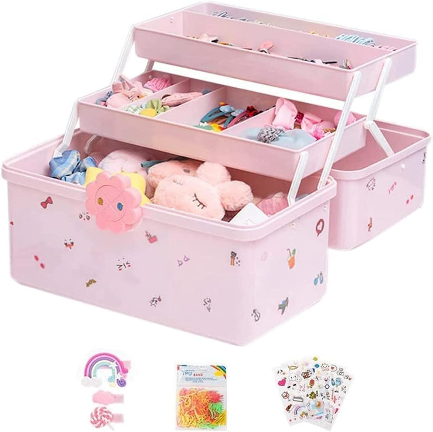 Roczential Hair Accessories Organizer for Girls Headbands, Clips, Ties Baby Girl Supplies, Lockable Three-Layer Folding Craft Organizers and Storage Plastic Jewelry Box (34 * 19Cm) image number 6