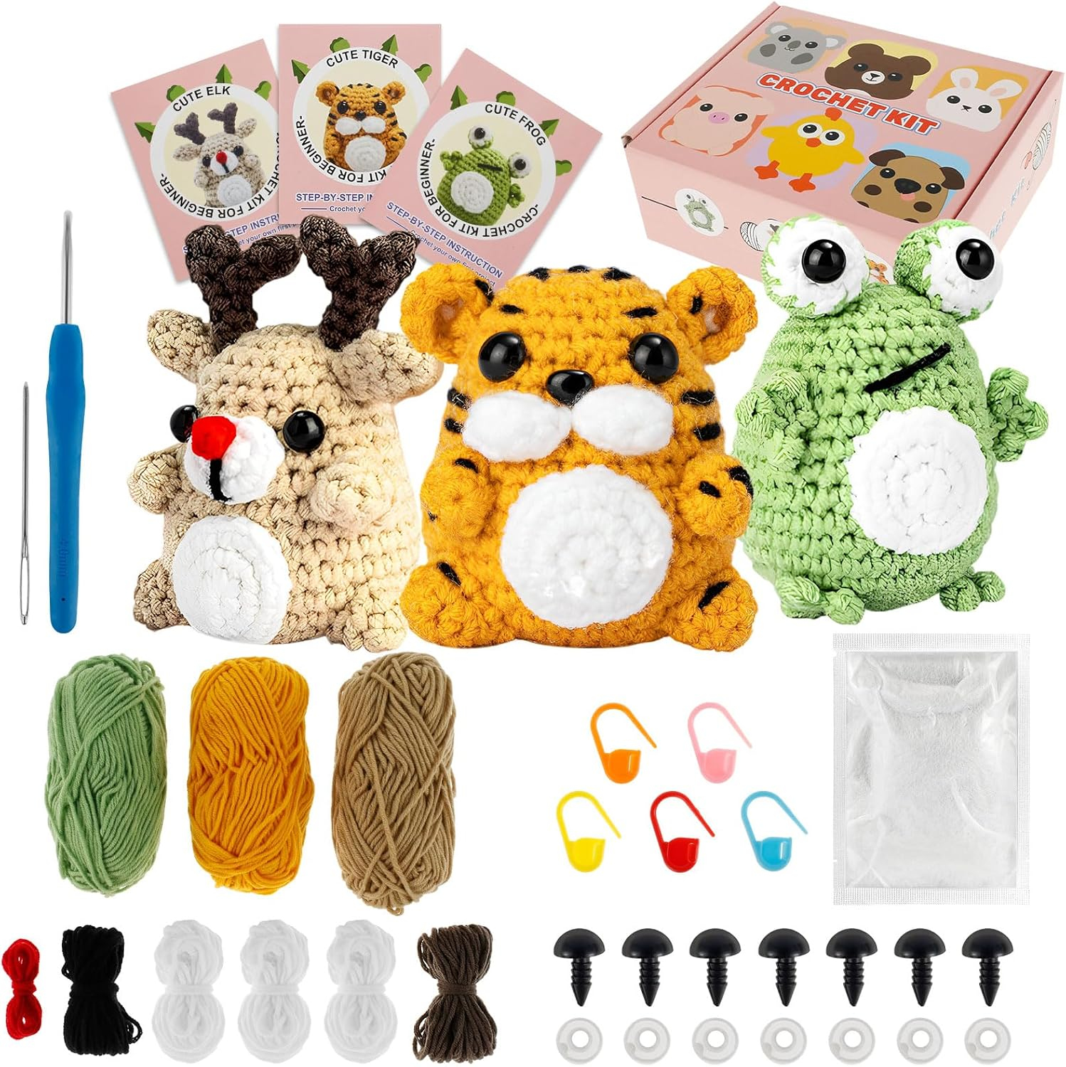 3Pcs Crochet Kit for Beginners,Ergonomic Adorable Animal Crochet Starter Pack with Yarn Stuffing and Keychain,Diy Crochet Craft Kit with Step-By-Step Instructions and Video Tutorials,Crochet Starter Pack for Adults (3Pcs) - 3Pcs image number 3