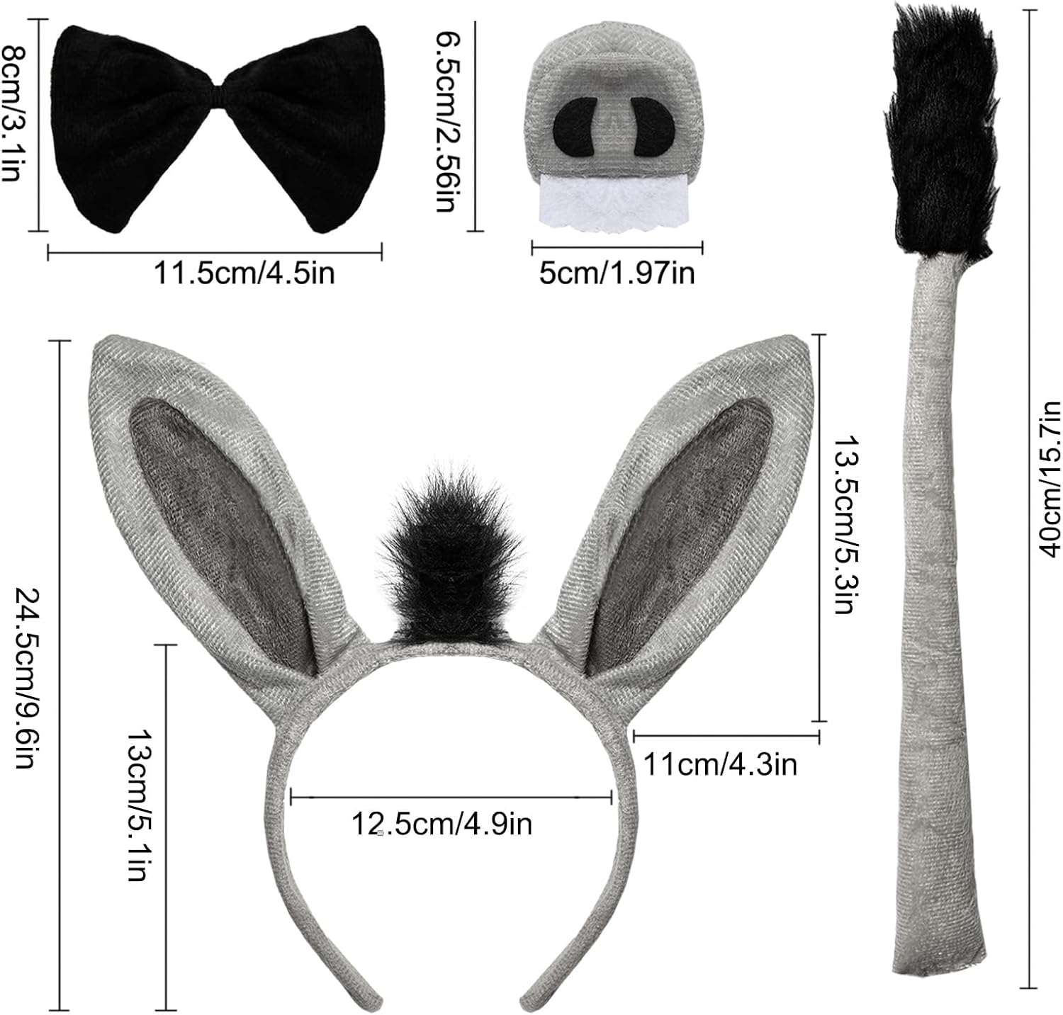 4 Pcs Donkey Costume Accessory Set Donkey Ears Headband Tail Nose Bow Tie image number 4