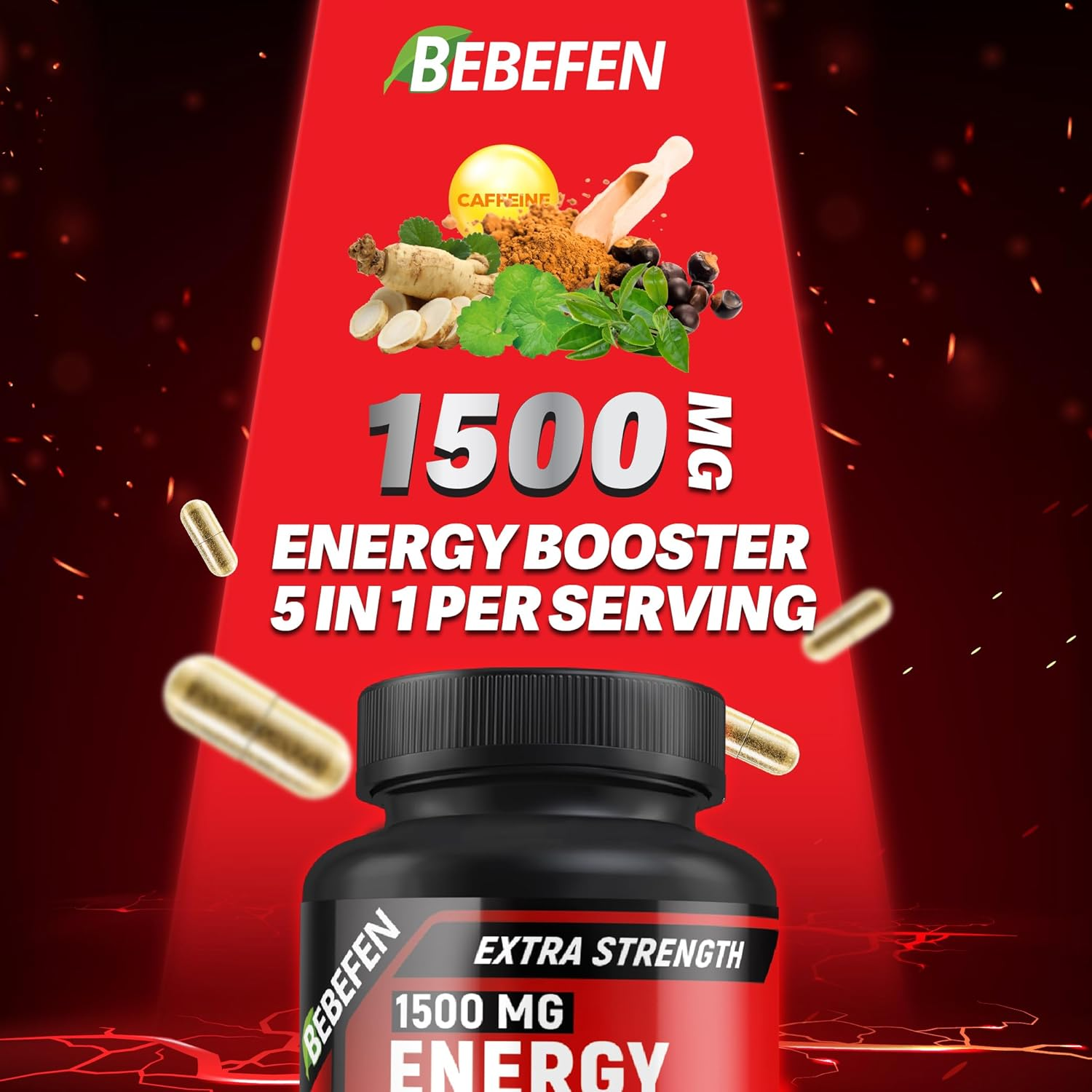 Energy Supplement, 1,500Mg per Serving | with Caffeine, Guarana, Gotu Kola, Ginseng & Green Tea | Daily Energy Booster Pills | Non-Gmo, Gluten Free (60 Capsules) image number 1