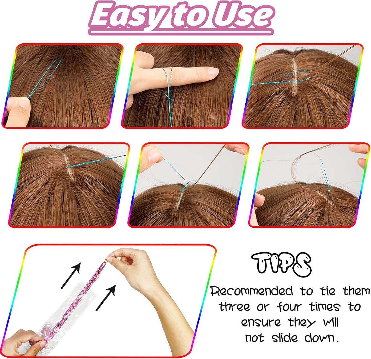 Hair Tinsel Extensions 1200 Strands &ndash; 47Inch Long Sparkle Glitter Hair Highlights, Holographic Fairy Shiny Tinsel Extensions for Women &ndash; Party, Festival and Christmas Hair Decorations (Pink) - Pink image number 5