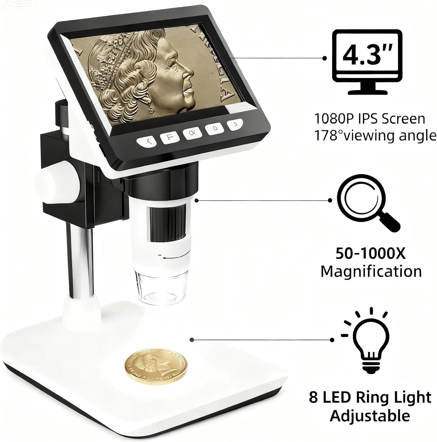 4.3" Coin Microscope - Zoltrax IPS Digital Microscope 1000X for Kid'S Hobby Developing,1080P Magnifier for Coins ，Compatible with Windows and Mac Os，Chargeable Long-Lasting Battery image number 5