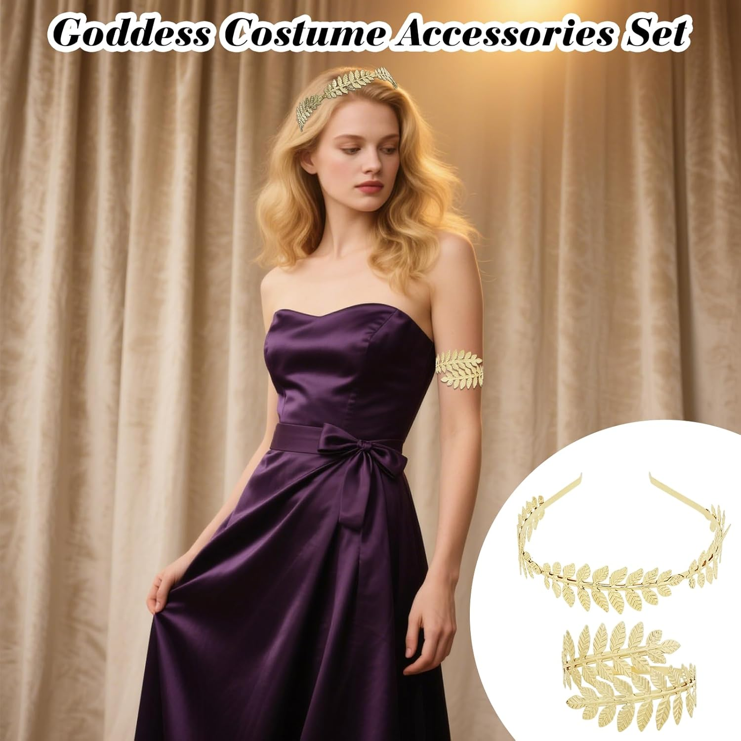 2Pcs Greek Goddess Headband Arm Cuff Bridal Jewelry Set Roman Leaf Branch Crown Upper Arm Band Bracelet for Women image number 6