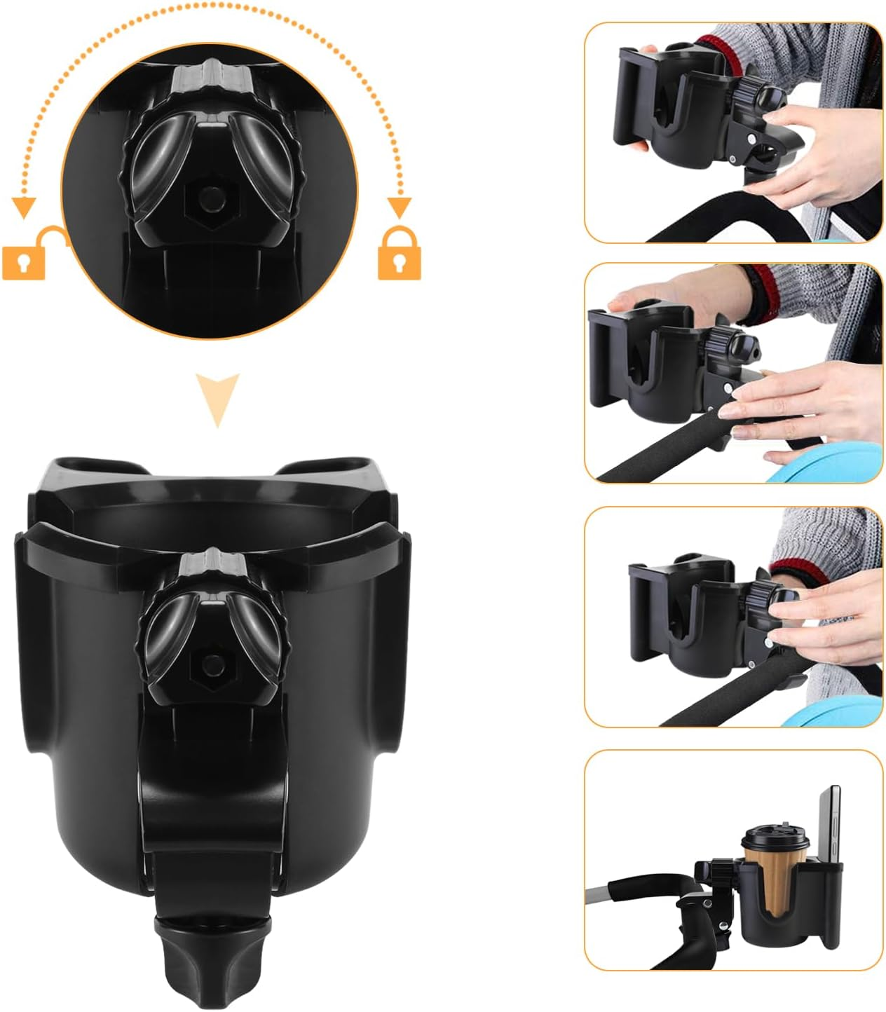 Universal Stroller Cup Holder with Phone Holder, 360&deg;Rotatable Bottle Holder with Strong Clip, Accessories for Stroller, Bike, Wheelchair, Walker, Scooter image number 1