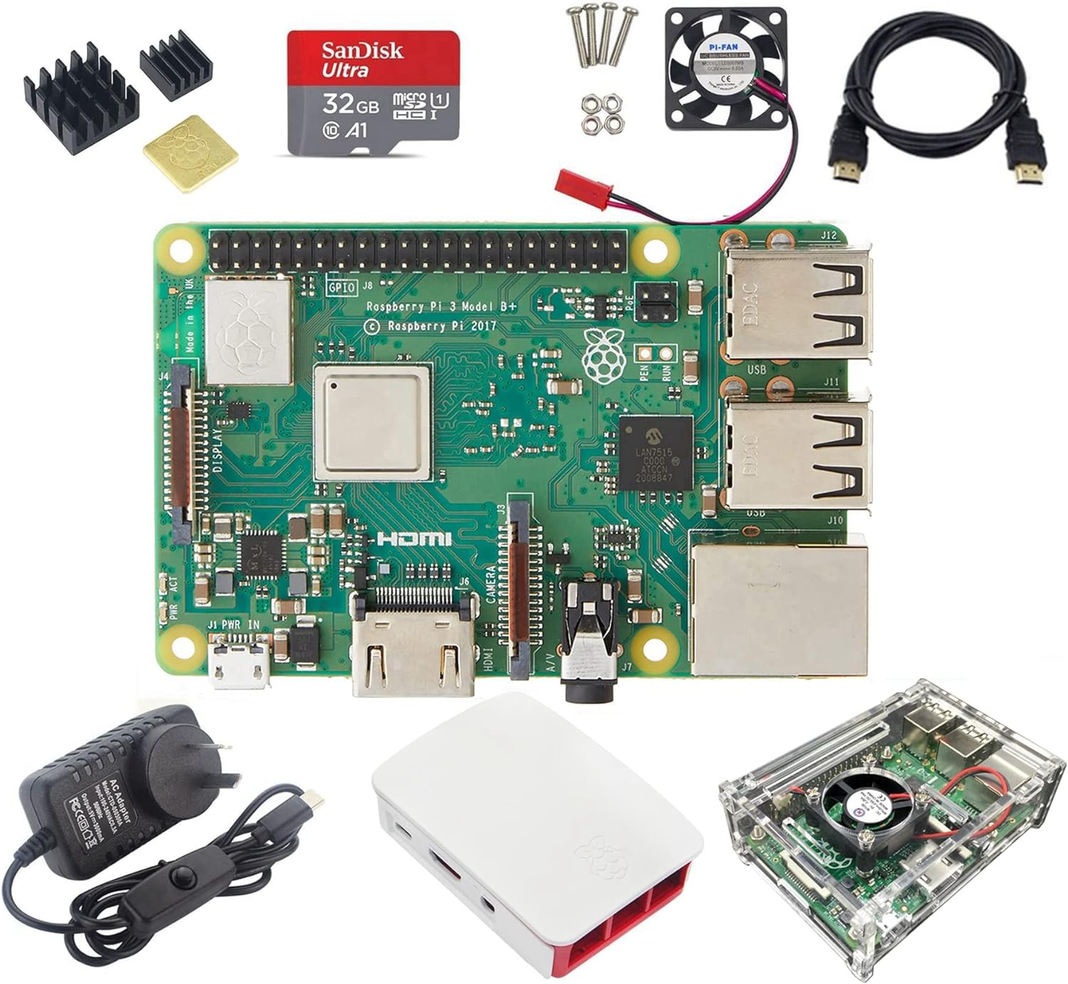DIGISHUO 8 in 1 Kit Complete Raspberry Pi 3 Model B+ Module&Official White Red Case&Transparent Case&Hdmi Cable&A1 32G Sandisk SD Card&3Pcs Heatsink&5V 3A AU Power Supply image number 6