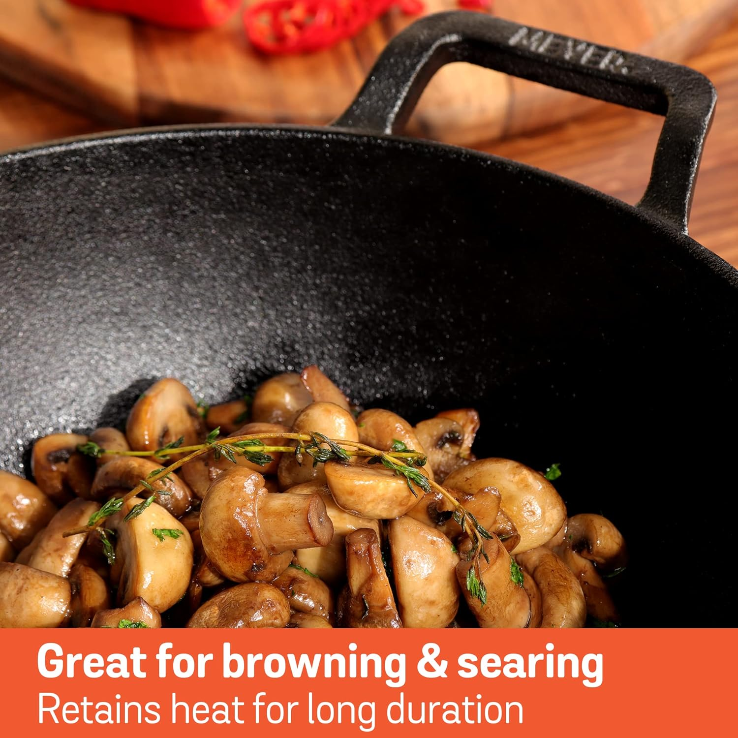 Meyer Pre-Seasoned Cast Iron Wok 24Cm with Tempered Glass Lid, Kadai, Induction Compatible Cast Iron Pan, Oven Safe, Black image number 5