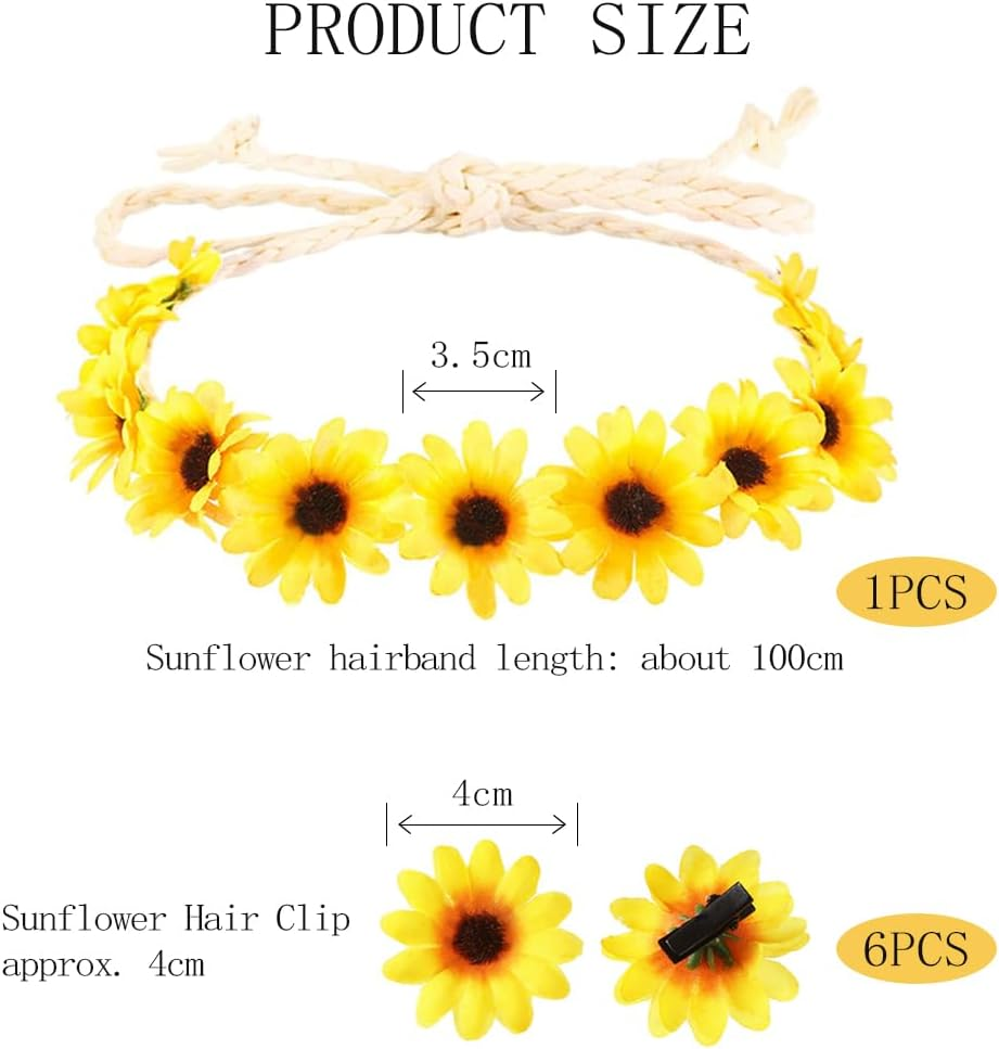 Youery Flower Headband, Sunflower Hair Accessories, Sunflower Headband with 6 Hair Clips, Goose Flowers, Flower Headpiece for Wedding, Beach, Travel, Party image number 3