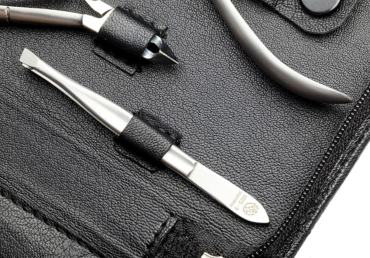 Sonnenschein by Hans Kniebes Manicure Set 9 Pieces Nail Scissors, Cuticle Scissors, Nail Clippers, Cuticle Nippers, Clippers, Tweezers, File, Manicure Case Nappa Sheepskin Black image number 5
