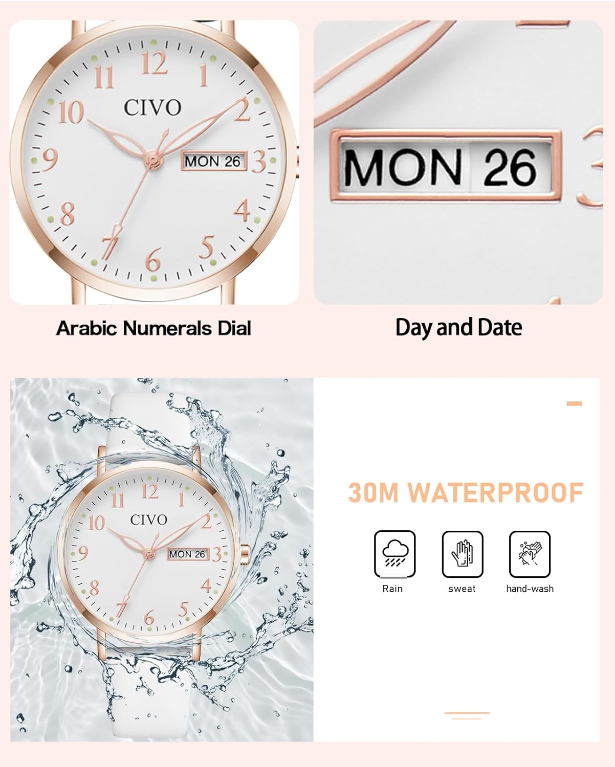 CIVO Ladies Watches for Women Leather Strap Analog Easy to Read Large Face Date Wrist Watch Waterproof Fashion Simple Elegant Quartz Watch - A White image number 2