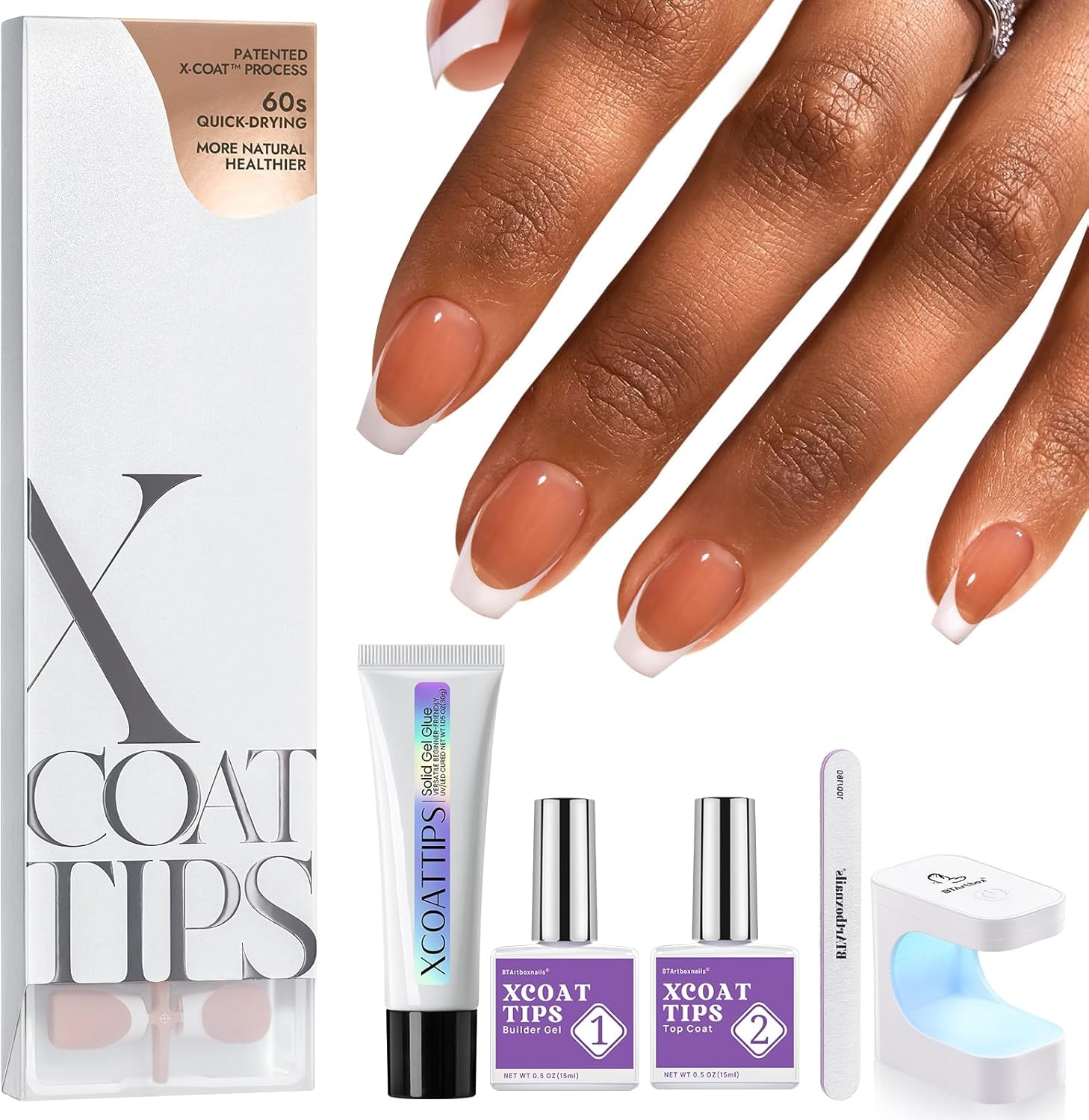 Btartboxnails French Gel Nail Kit - French Tip Press on Nails Brown Short Coffin XCOATTIPS Pre-Applied Tip Primer & Base Coat Fake Nails for Nail Art DIY image number 3