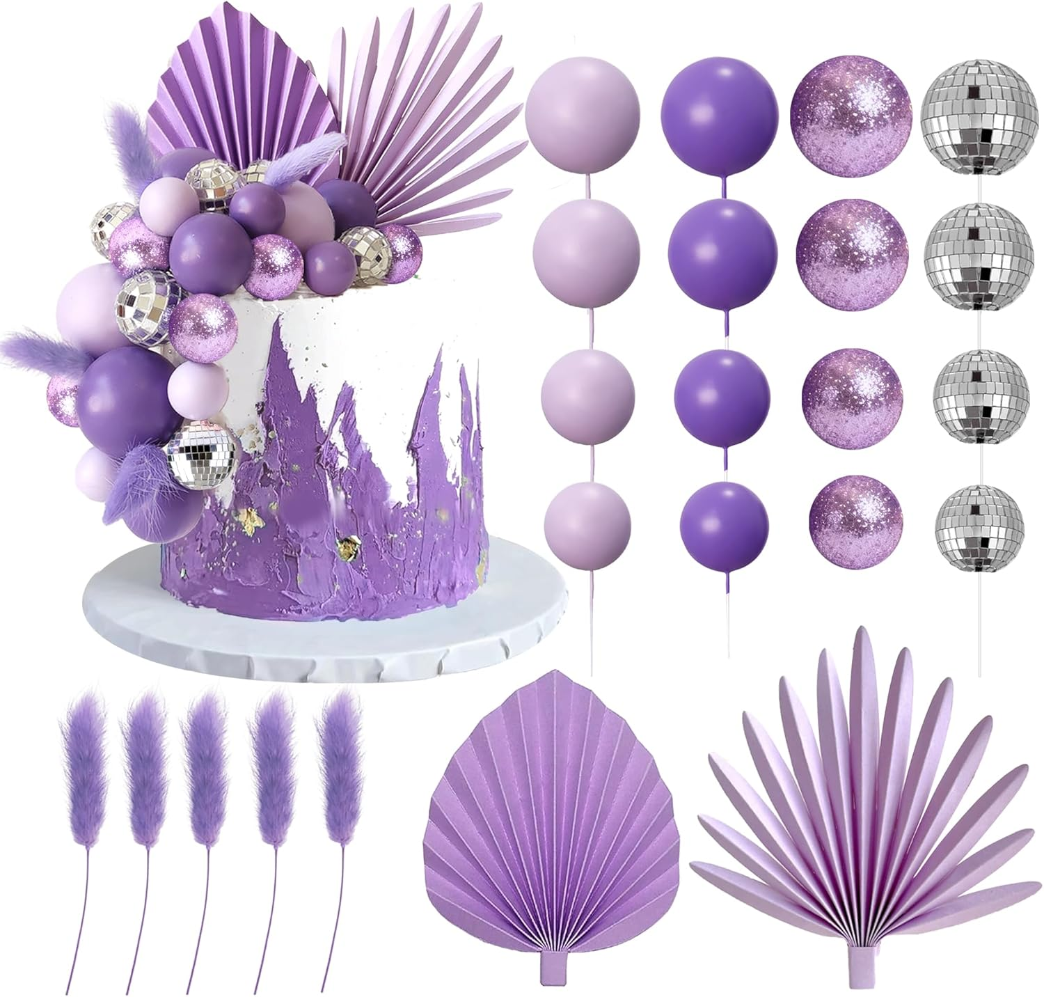 38 PCS Balls Cake Toppers Palm Leaves Cake Decorations for Birthday Wedding Baby Shower Party Supplies (Blue)