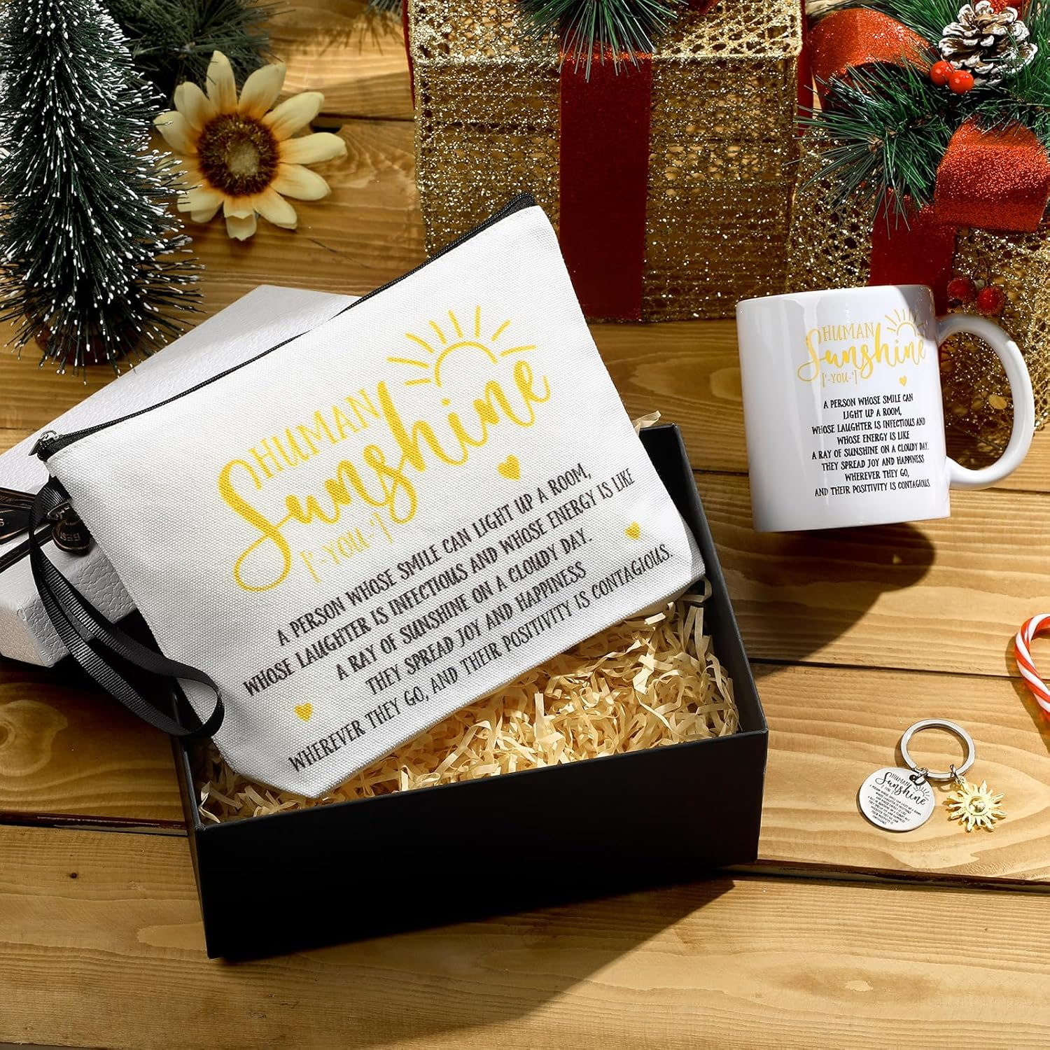 Crtiin 3Pcs Human Sunshine Makeup Bag Gifts Sets Inspirational Thank You Gifts for Woman Human Sunshine Makeup Bag 11.2 Oz Novelty Coffee Mug Keychain Christmas Birthday Gifts Coworker Gifts, as The image number 2