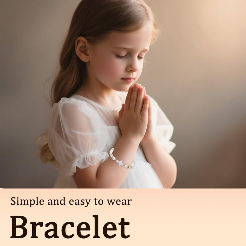 Christian Gifts for Girls First Communion Baptism Gifts for Girls Pearl Cross Bead Bracelet with Card image number 2