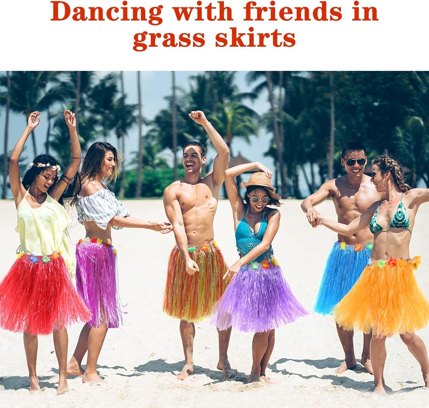 Grass Skirt Hawaiian Luau Hula Skirts Party Decorations Favors Supplies Multicolor Grass Skirts for Adult Elastic Hibiscus Flowers Tropical Skirt, Birthdays, Celebration 60CM 10Pack, Multicolored image number 5