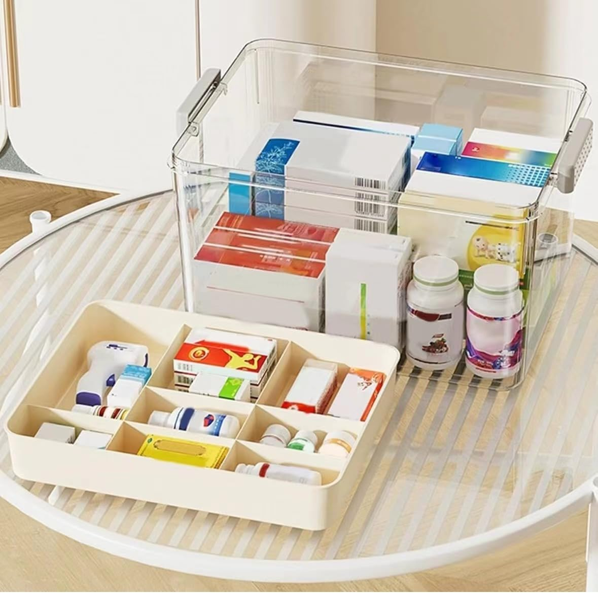 CARRORABI Medicine Storage Box with Handles & Multi-Layer, Large Capacity Plastic Pills Box, Household Portable Medical Storage Box for Sundries, Household Storage Organizer for Bedroom 1Pc image number 2